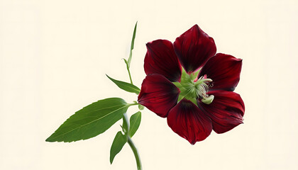Red carnation flowers on a cream colored background - Crimson bloom on cream canvas, deep red flower with graceful green leaves