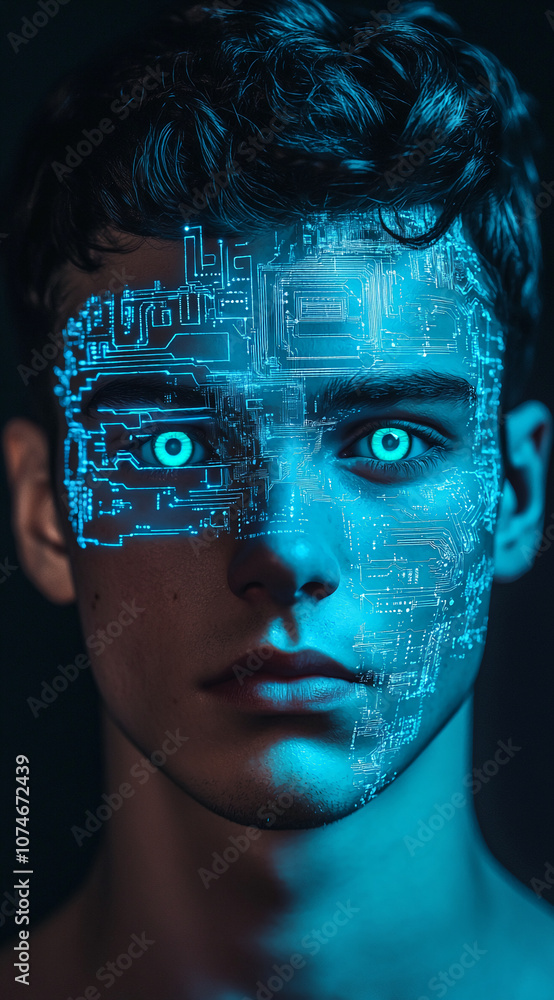 Poster A man's face is illuminated with a blue light, creating a futuristic effect as a circuit board pattern overlays his features
