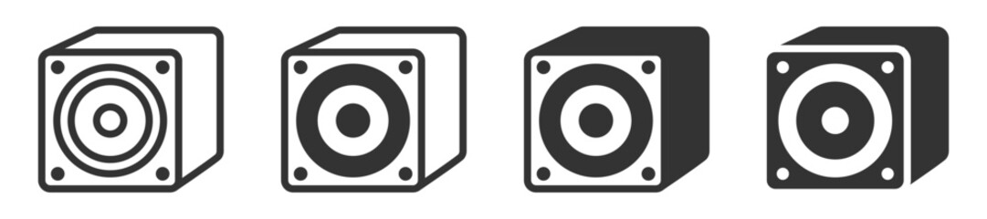 Minimalist subwoofer vector icon set in multiple styles.