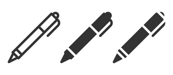 Vector icon set of pens in three minimalist styles.