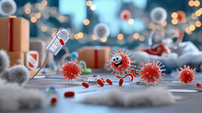 Cute flu virus illustration with gentle features, surrounded by playful elements and festive background. scene captures whimsical take on viruses, evoking lighthearted atmosphere