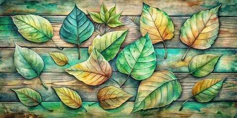 Fototapeta premium Watercolor Illustration of Various Autumn Leaves on a Distressed Wooden Plank Background