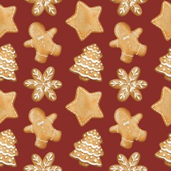 Watercolour seamless pattern of christmas gingerbread cookies on red background.