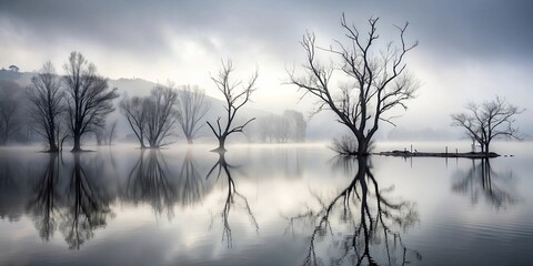 Obraz premium Silhouettes of leafless trees stand tall and strong against a misty background, their reflections perfectly mirrored in the calm, still water.