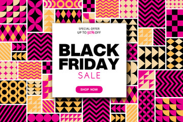 Black Friday sale vector illustration with black and pink abstract geometric shapes background. Modern design pattern template for advertising, poster print, banner, card, flyer