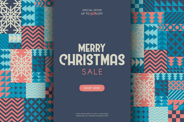 Merry Christmas sale vector illustration with snowflakes and bauhaus abstract geometric shapes background. Modern design pattern template for poster print banner card flyer advertising