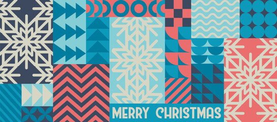 Merry Christmas vector illustration with snowflakes and bauhaus abstract geometric shapes background. Modern design pattern template for poster print, invitation, web banner, card, flyer