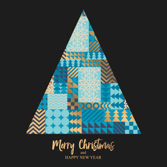 Merry Christmas vector illustration with bauhaus Christmas tree and abstract geometric shapes background. Modern flat design template for greeting cardб poster print, banner