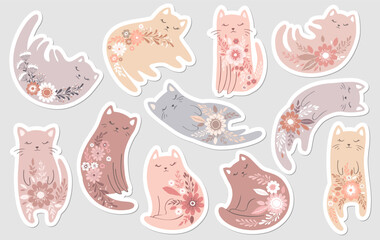 Vector illustration with cute hand drawn cats stickers and flowers in pastel colors isolated on grey background. Adorable animal design set for card print, wallpaper, poster, nursery decoration