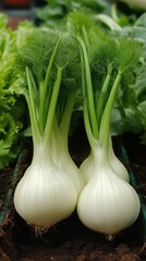 Fresh and vibrant onions with green tops, perfect for culinary use and vegetable gardening aesthetics.