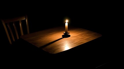 Dark room with single candle flickering on wooden table during power outage, symbolizing temporary darkness and reliance on alternative light sources.