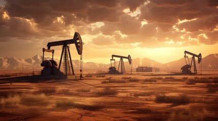 Oil Rigs in Desert at Sunset