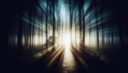 A bright path leading through a dark forest, blurred silhouettes of trees creating a sense of choice and uncertainty