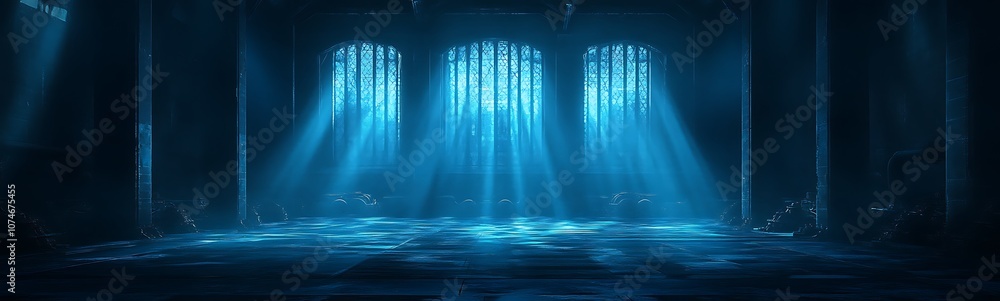 Poster a serene, mystical interior with soft blue lighting filtering through windows, creating an ethereal 