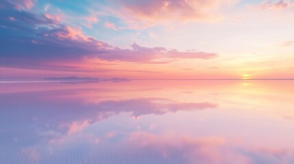 Naklejka premium Mesmerizing Reflection of Vibrant Sunset on Vast Salt Flat Landscape