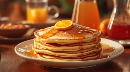 Delicious Stack of Pancakes with Syrup and Orange Slice