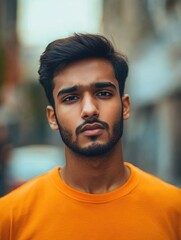 Obraz premium Contemplative Portrait of Young Adult Male with Short Beard and Slight Facial Hair