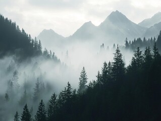 Misty mountain forest landscape with towering peaks and rolling fog