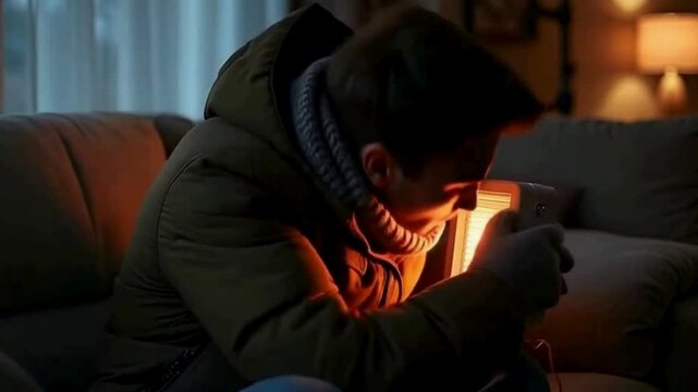 A young man sitting on the couch in the living room of his home or apartment, wearing a winter jacket, scarf, and gloves, is attempting to warm himself by using the electric heater since he is really 