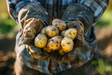 cropped view of rancher in work gloves holding fresh potatoes in cupped hands