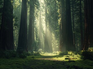 Fototapeta premium Mystical Sunbeams Illuminating a Lush Verdant Forest Glade
