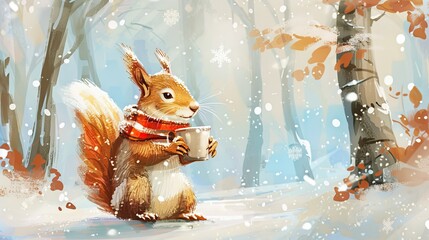 Naklejka premium a cute squirrel wearing a scarf and holding a coffee cup in its hand
