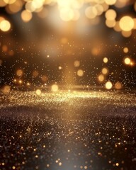 Christmas decorating backgrounds illuminate with gold glittering accents, creating an abstract glow light texture. The shimmering ornaments and festive lights capture the essence of the holiday season