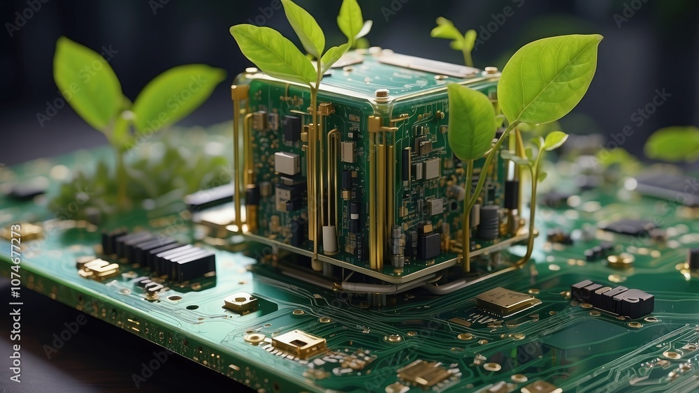 Aufkleber a digitally produced image of a ree with vegetation emerging from a circuit board that demonstrates 