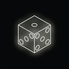 White neon dice glowing on dark background, representing games, gambling and luck