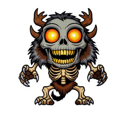 Cartoon Wendigo sticker with large glowing eyes, antlers, wild fur, skeletal body, and eerie expression, generative ai