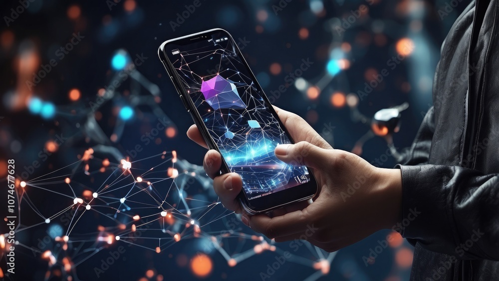 Aufkleber concepts of blockchain and metaverse technology. someone who has used a smartphone to experience the