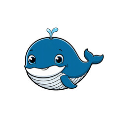 Cartoon style whale sticker with big blue eyes, curved body, and playful water spout, white background, generative ai