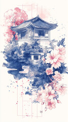 Hanok, traditional Korean house drawing, novel illustration, ink drawing, East Asian architecture, garden with flowers, architecture