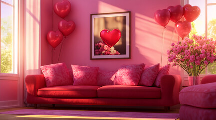 Obraz premium A pink living room with a red couch, pillows, and heart-shaped balloons, set for a romantic evening