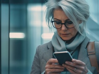 Busy Businesswoman Engrossed in Smartphone
