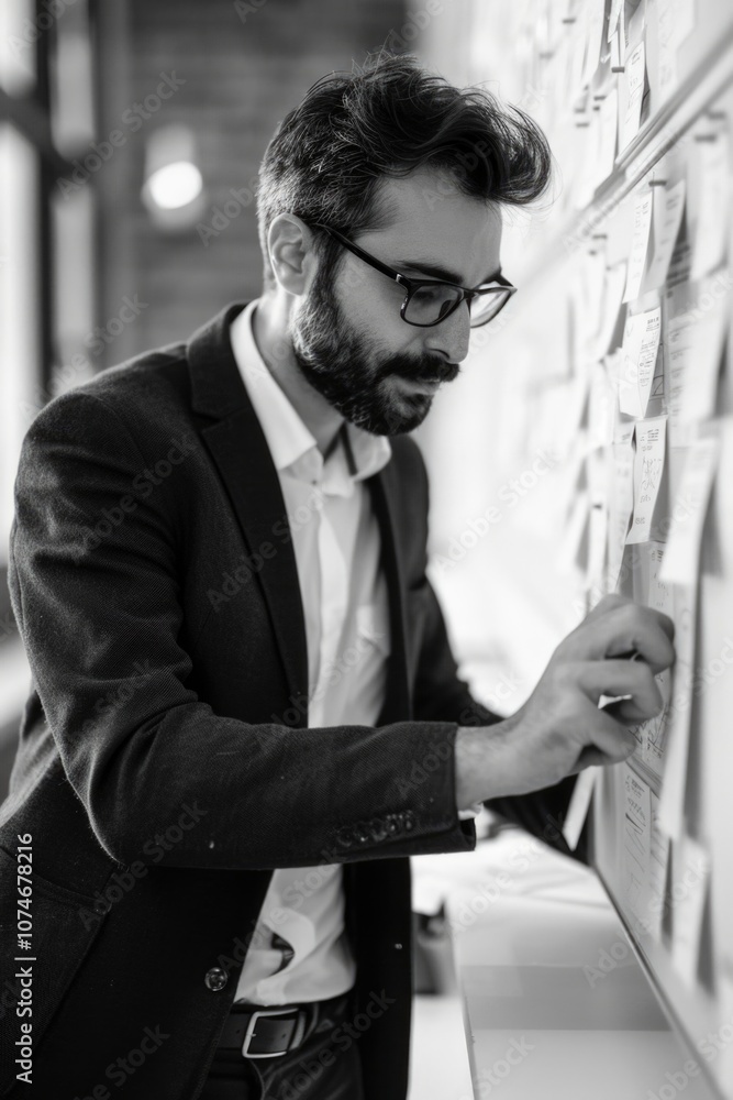 Poster man in business attire sitting at desk and analyzing whiteboard of data.