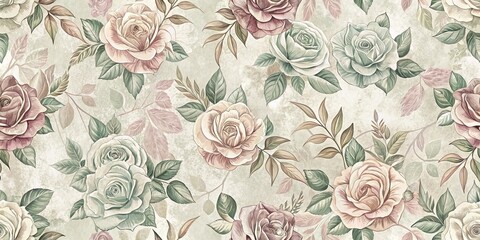 Vintage Floral Pattern with Delicate Roses and Greenery on a Distressed Background
