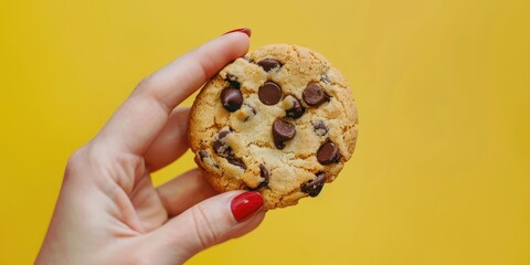 Hand holding a delicious chocolate chip cookie with visible texture and creamy filling, against a vibrant yellow background. A sweet treat snack for moments of indulgence.