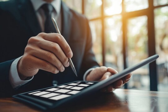 A businessman using a tablet to perform calculations. He is holding a pen, indicating active work or analysis.