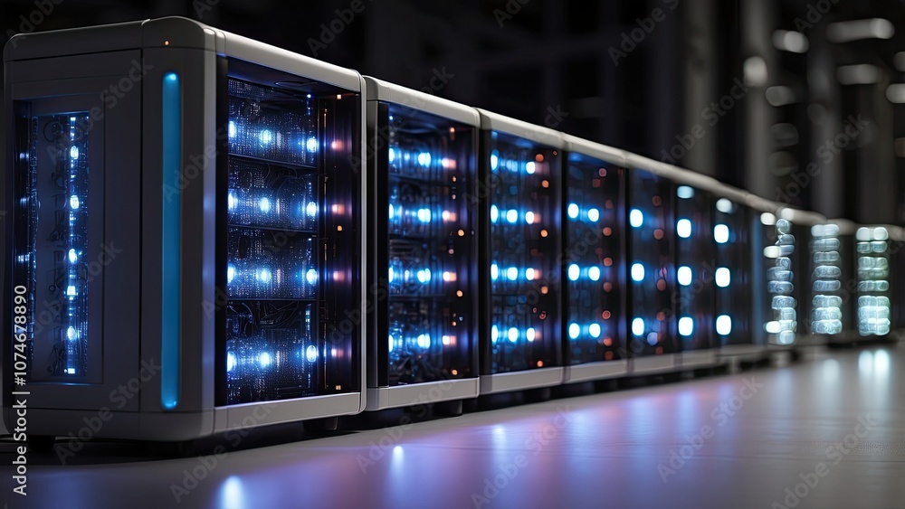Poster network servers in a row with led lights that shine.