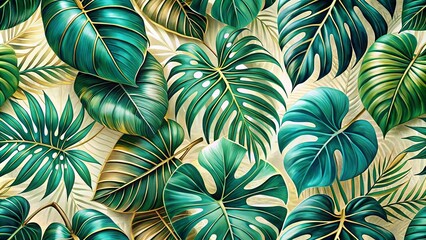 A vibrant tropical foliage pattern with large, lush green leaves and hints of golden accents.