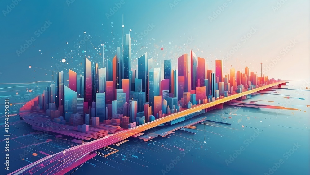 Poster the gradient line connects the smart city and the abstract dot point.-
