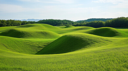Obraz premium 夏の北海道牧場、広がる緑のパノラマ風景