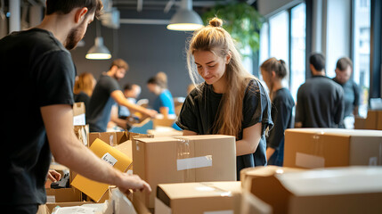 Fototapeta premium Team Unpacking Branded Materials in Workspace