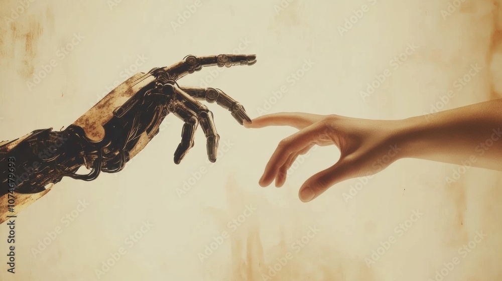 Aufkleber A futuristic moment unfolds as a human hand extends toward a robotic hand, symbolizing unity between humans and machines. Generative AI