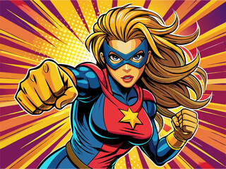 Pop art comic book style super heroine punching with female superhero costume © Anastasia