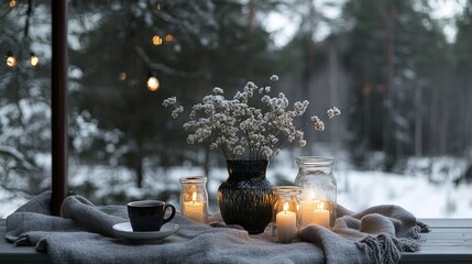Cozy winter scene with candles and coffee on a rustic outdoor table.