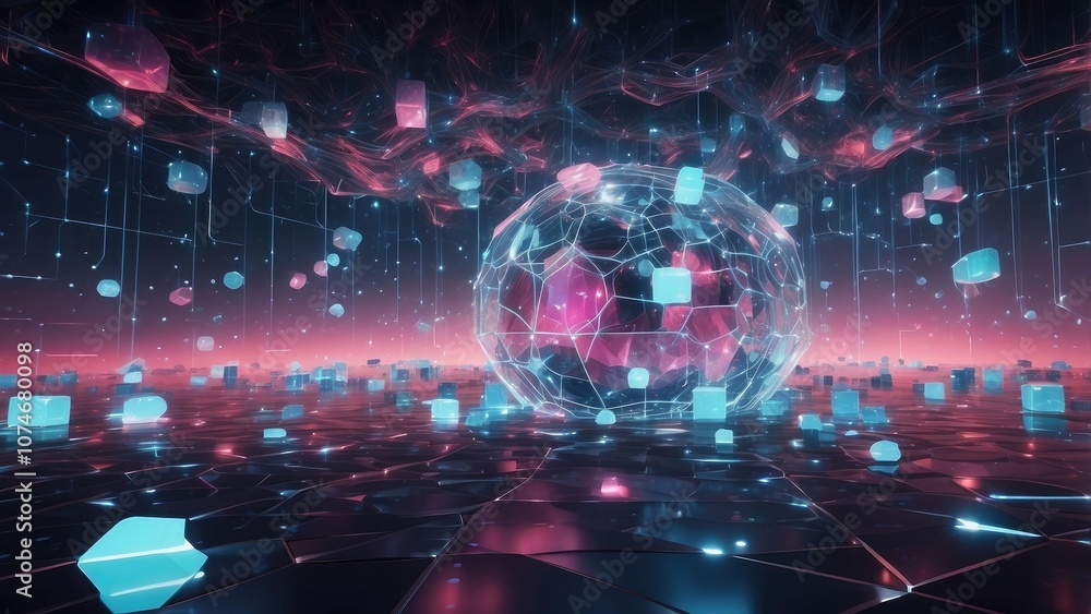 Poster digital cubes in a futuristic metaverse obstruct the idea of a technological network connection.
