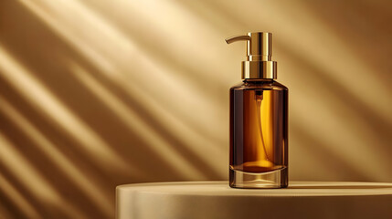 Golden Pump Bottle on Beige Platform with Light Rays Illustration