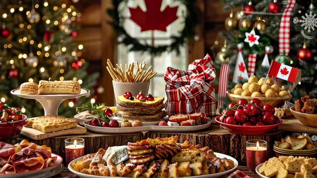 Christmas table with a variety of traditional Canadian dishes such as pudding, bacon, poutine, and Canadian flags